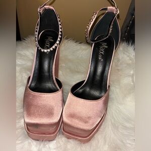 Chunky Heels Square Silk Satin High Platform Pumps